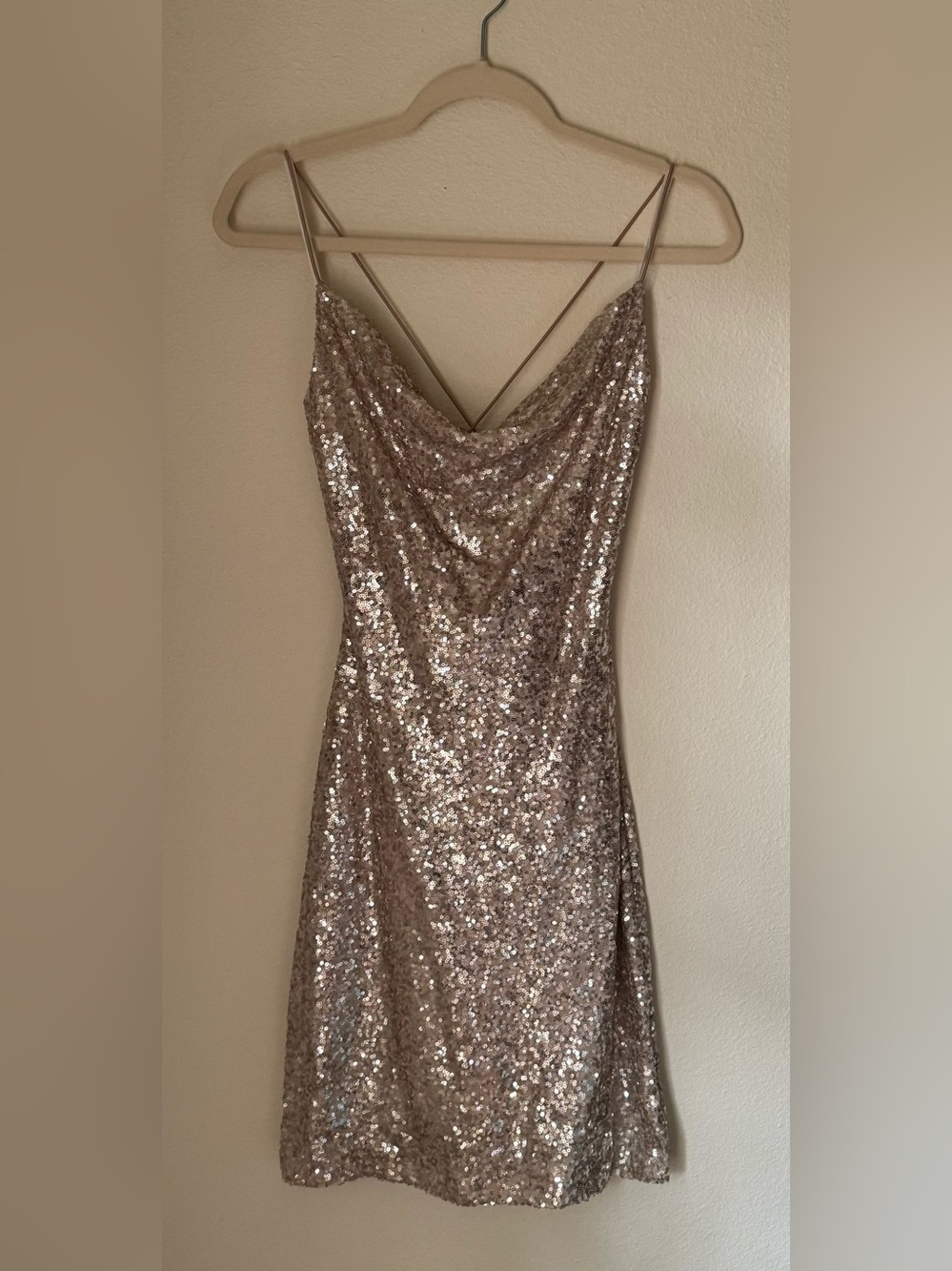 NWT Windsor Sequin Cowl Neck Slip Dress in Light Gold Champagne | Size 9